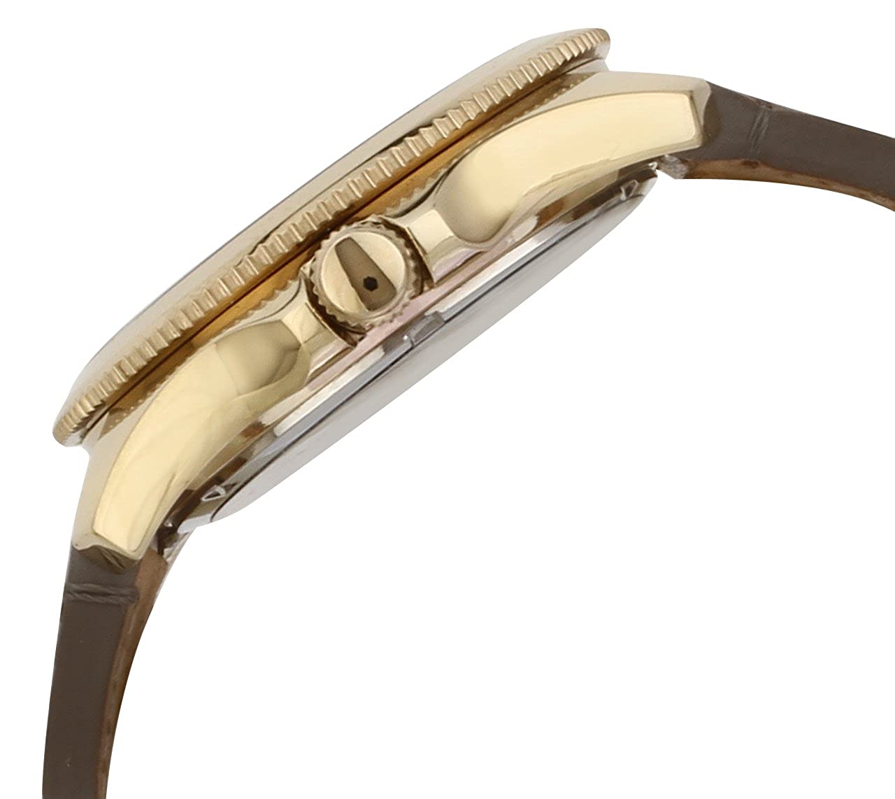 Side profile of Fossil Cecile watch showing gold-tone case thickness and grey leather strap