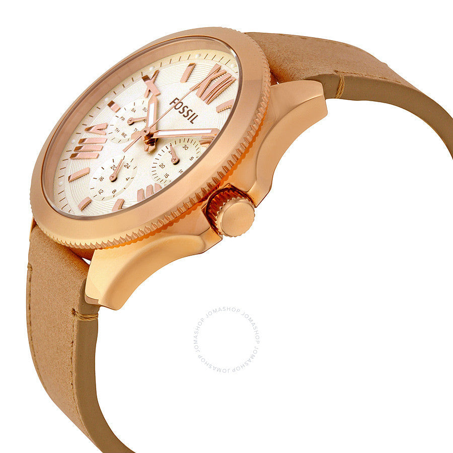 Fossil Cecile watch at angle showing rose gold case and beige leather strap