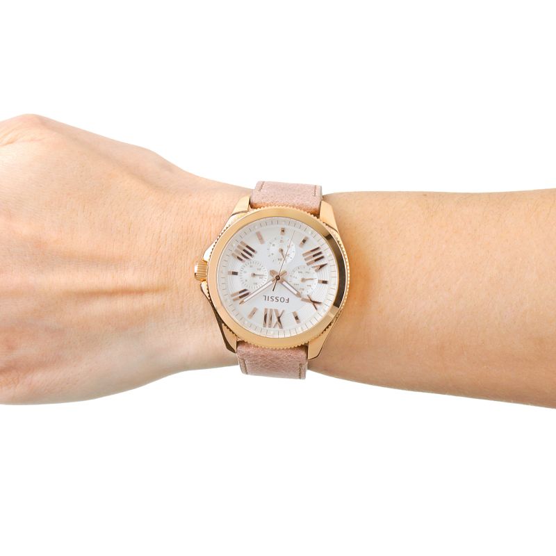 Fossil Cecile watch worn on wrist showing white dial and rose gold case