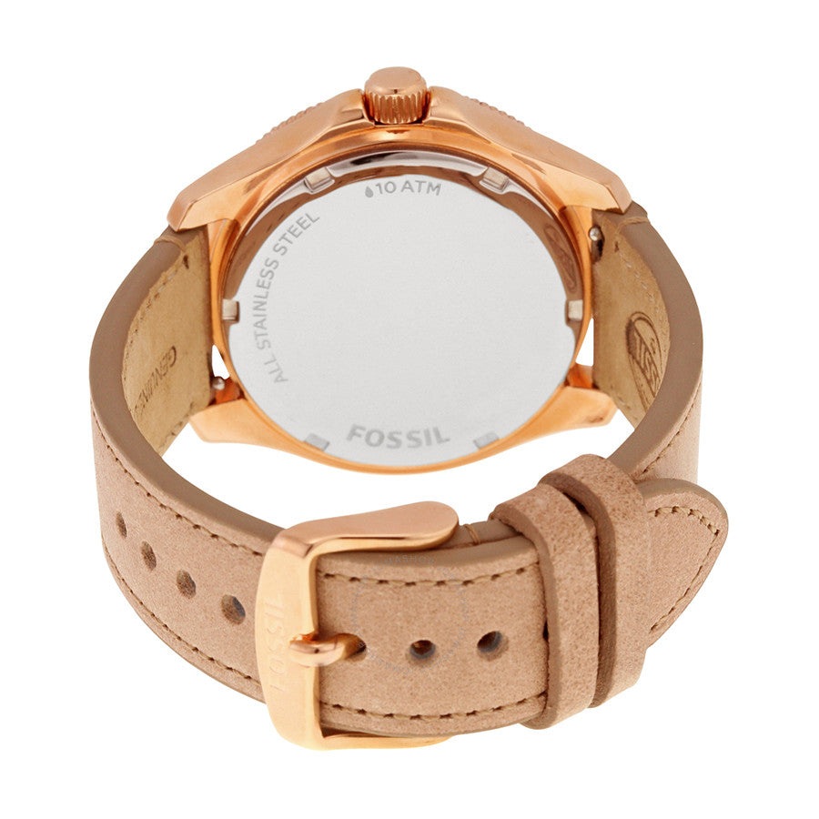 Fossil Cecile watch caseback showing water resistant rating and brand details