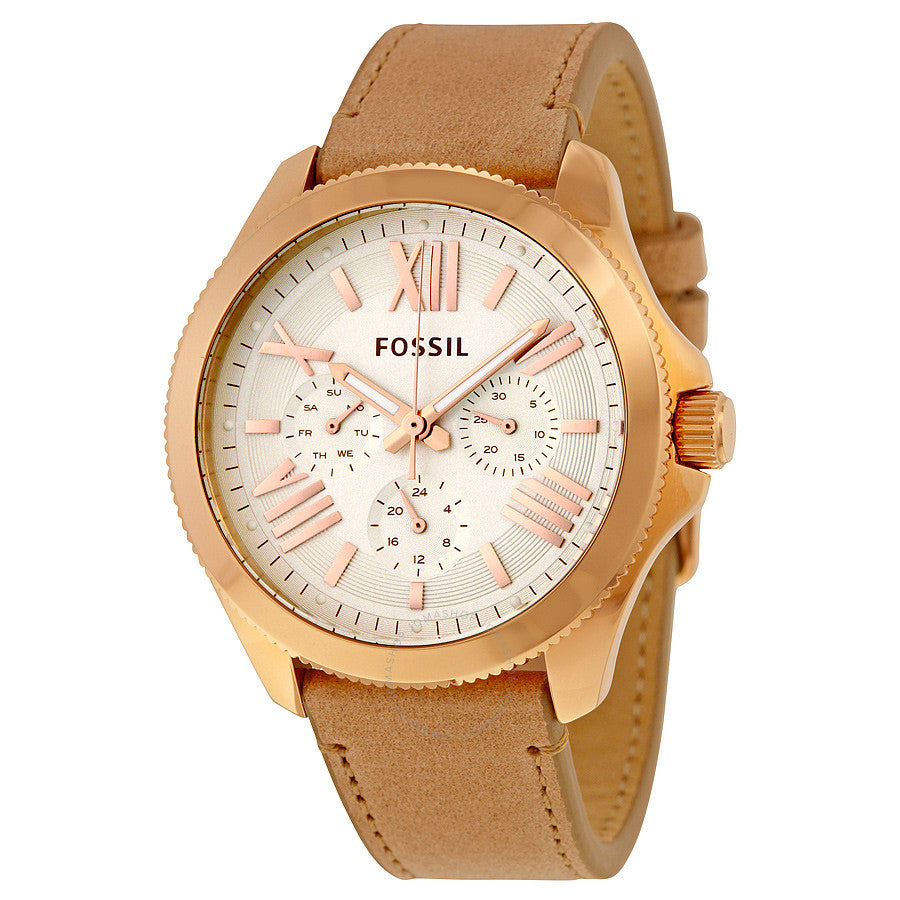 Fossil Cecile multi-function watch with white dial, rose gold case, beige leather strap