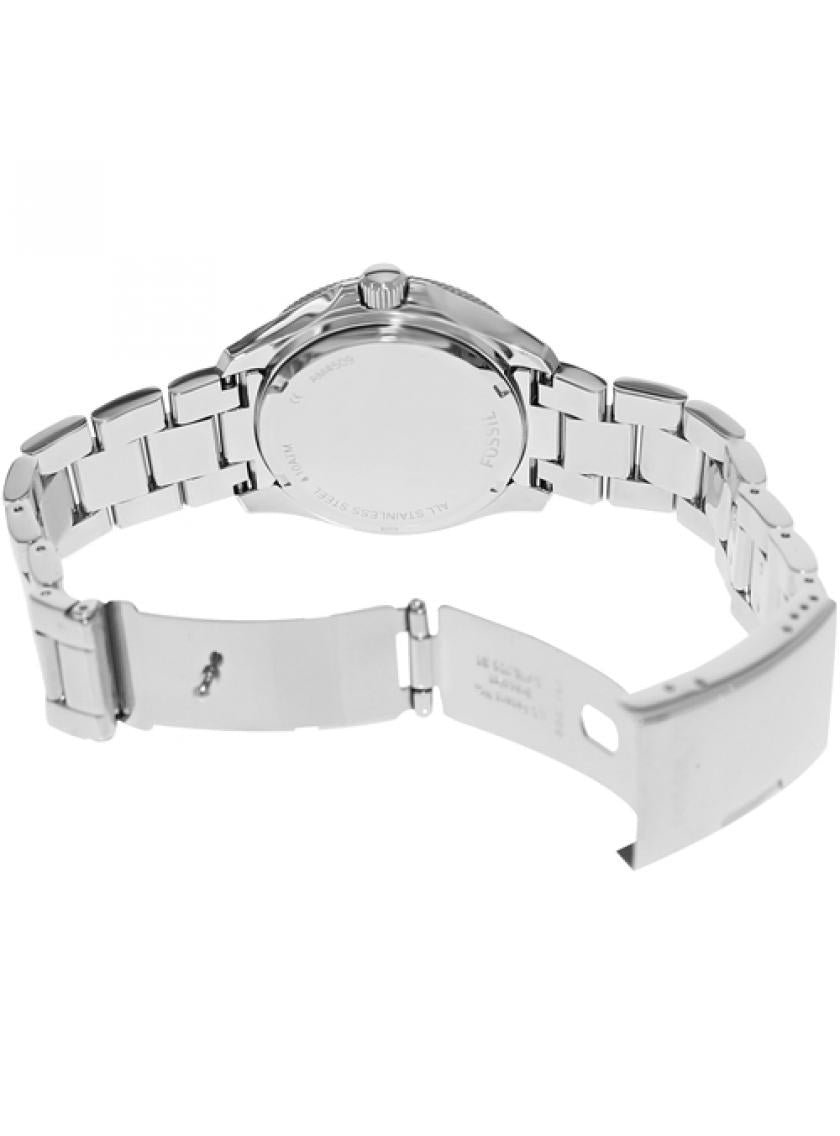 Caseback view of Fossil Cecile AM4509 stainless steel watch with bracelet