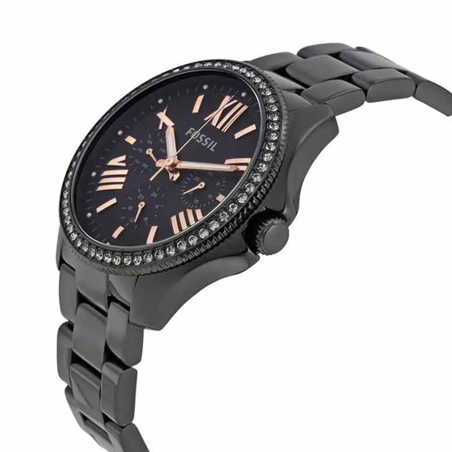 Side angle view of Fossil Cecile ladies watch on black metal bracelet strap
