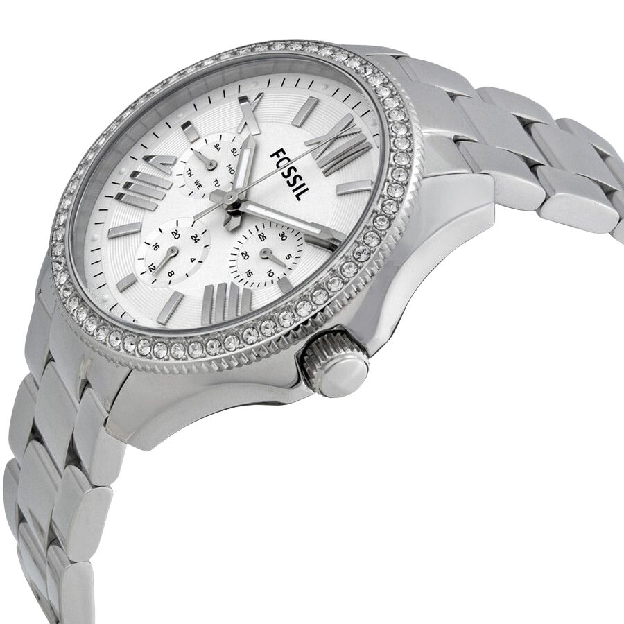 Fossil Cecile ladies watch angled view showing stainless steel case and bezel with crystals