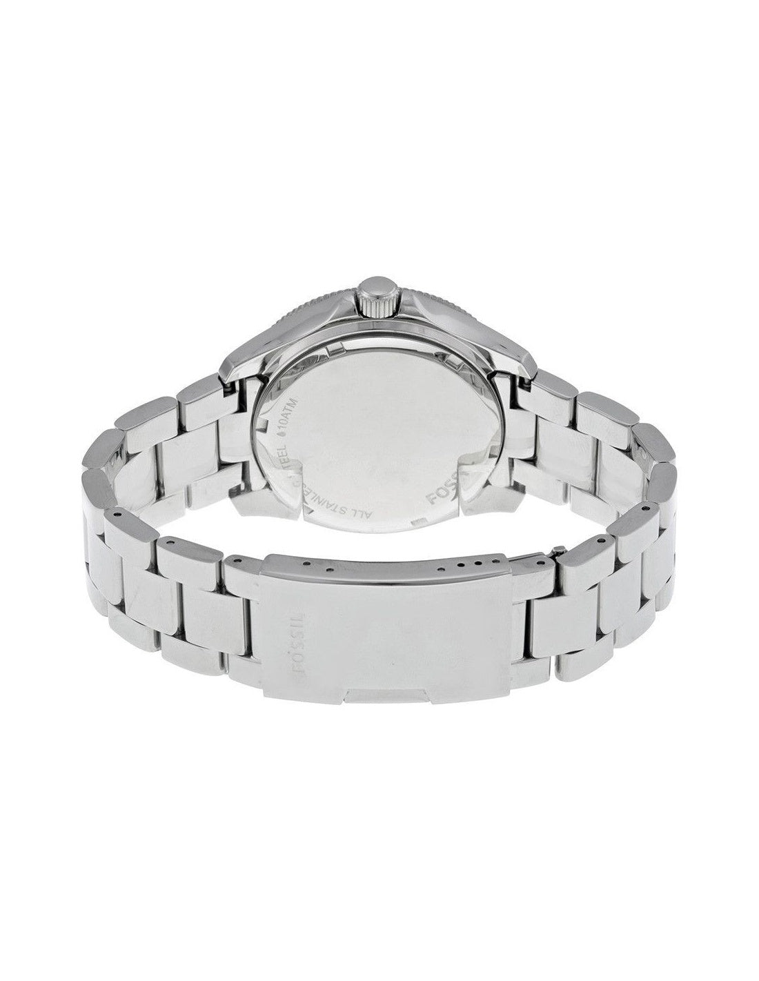 Fossil Cecile watch caseback showing stainless steel bracelet and hinged case design