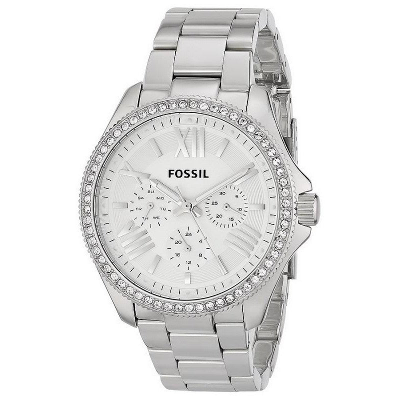 Fossil Cecile multifunction stainless steel ladies watch with crystal bezel and chronograph dial