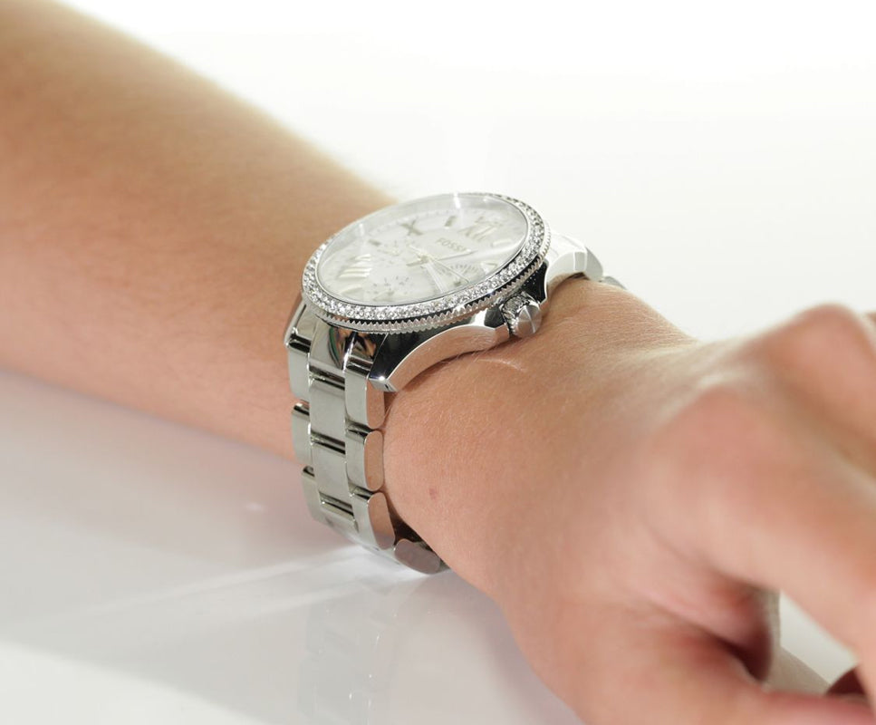 Fossil Cecile multifunction watch worn on wrist showing stainless steel bracelet fit