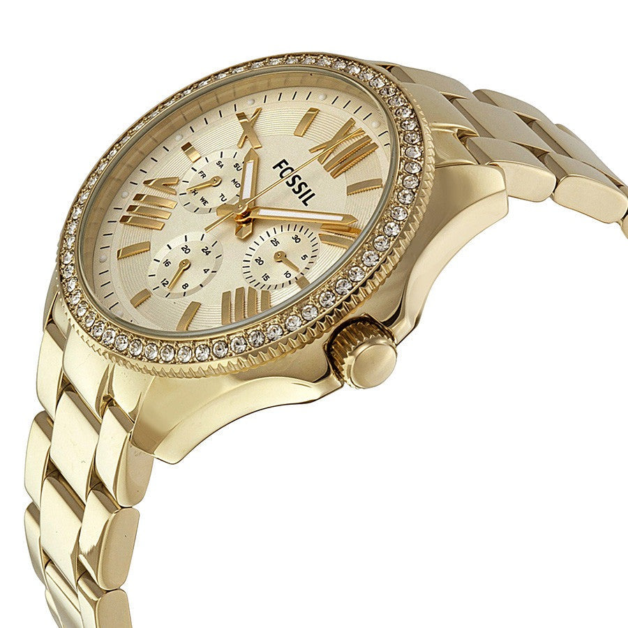Side angle view of Fossil Cecile watch showing gold-tone case and bracelet
