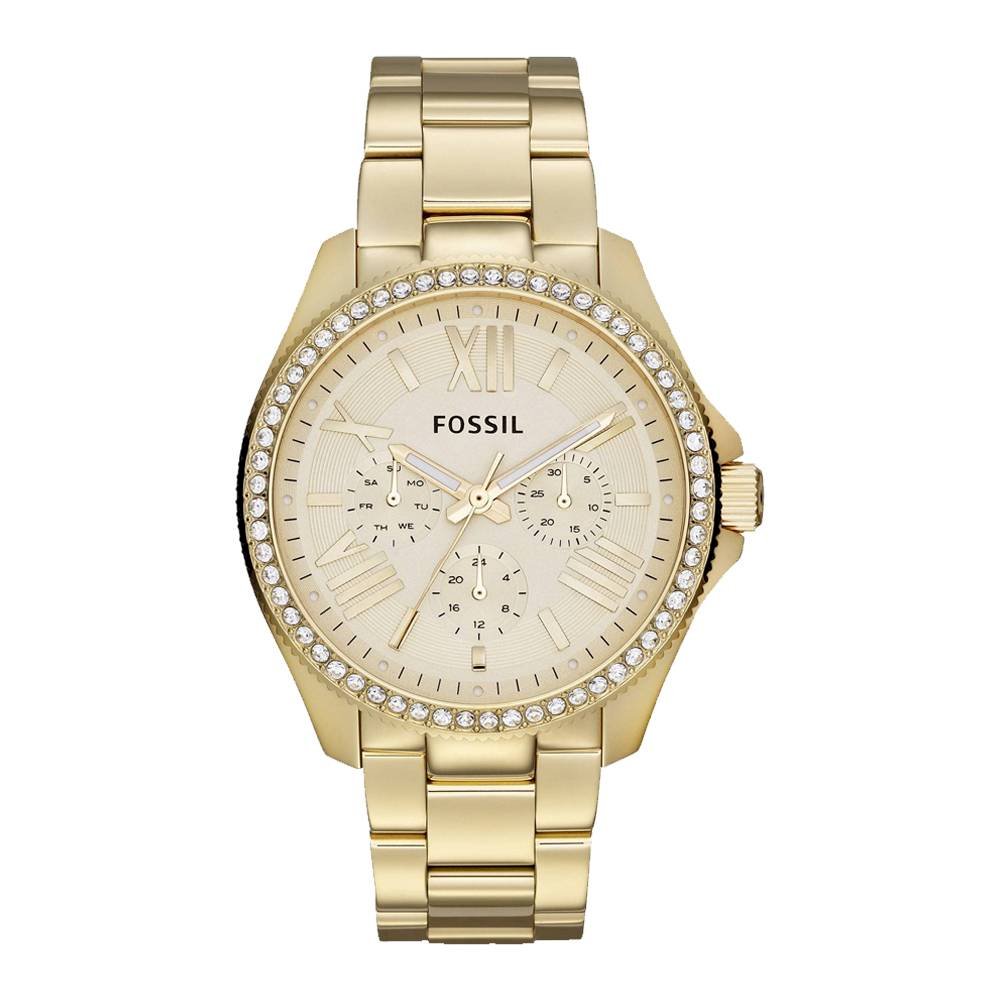 Fossil Cecile multifunction watch with champagne dial and crystal bezel in gold tone
