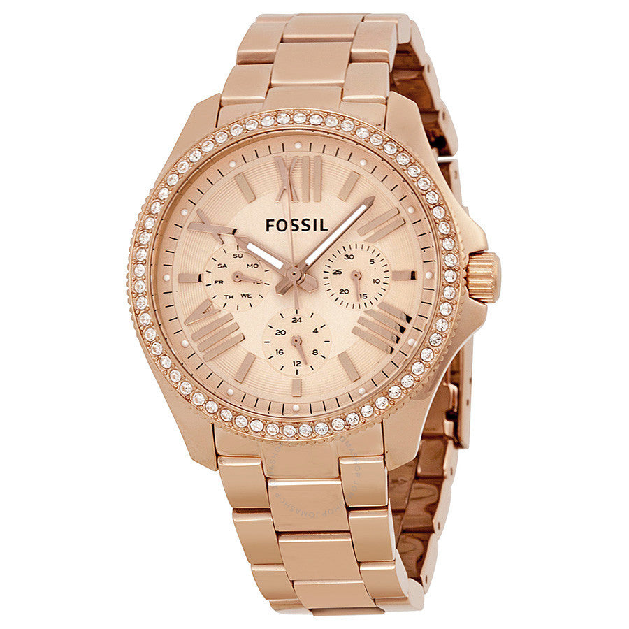 Fossil Cecile rose gold multifunction watch with crystal bezel and champagne dial