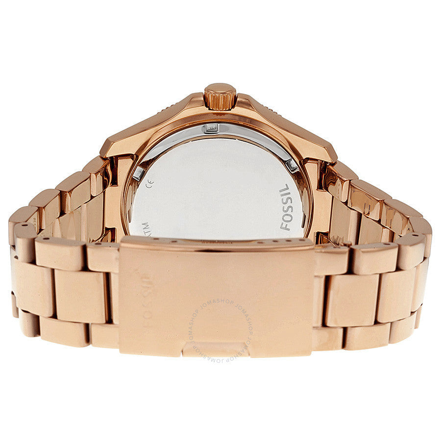 Caseback view of Fossil Cecile rose gold watch showing solid case back