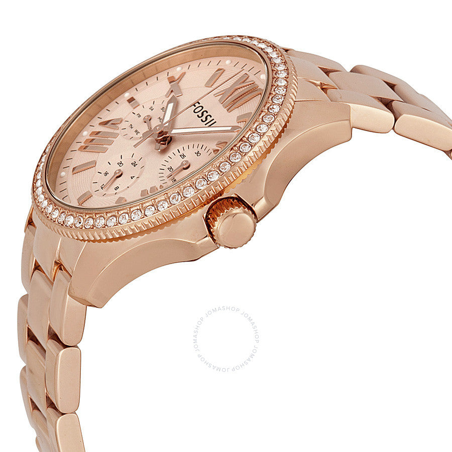 Side angle view of Fossil Cecile rose gold watch with link bracelet and chronograph subdials