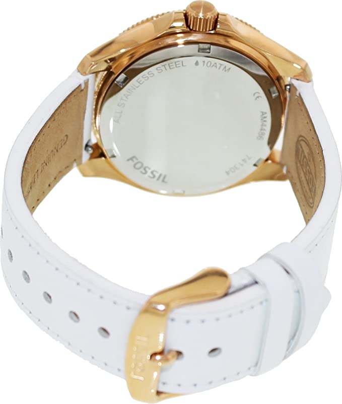 Fossil Cecile watch caseback showing stainless steel with Fossil branding and white leather strap