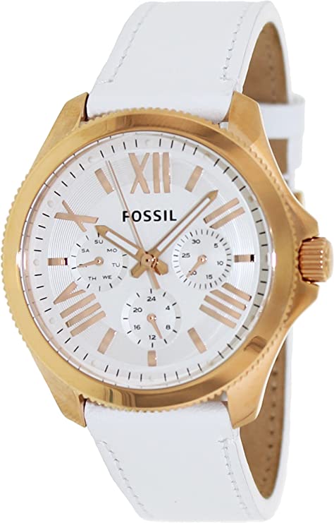 Fossil Cecile rose gold women's watch with white leather strap and white chronograph dial