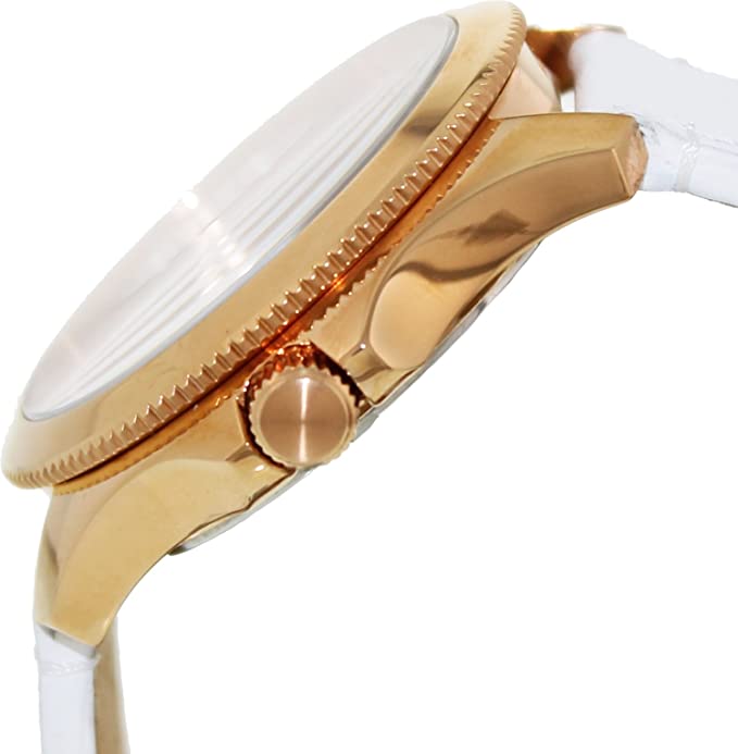 Side profile of Fossil Cecile rose gold watch with white leather strap and chronograph subdials