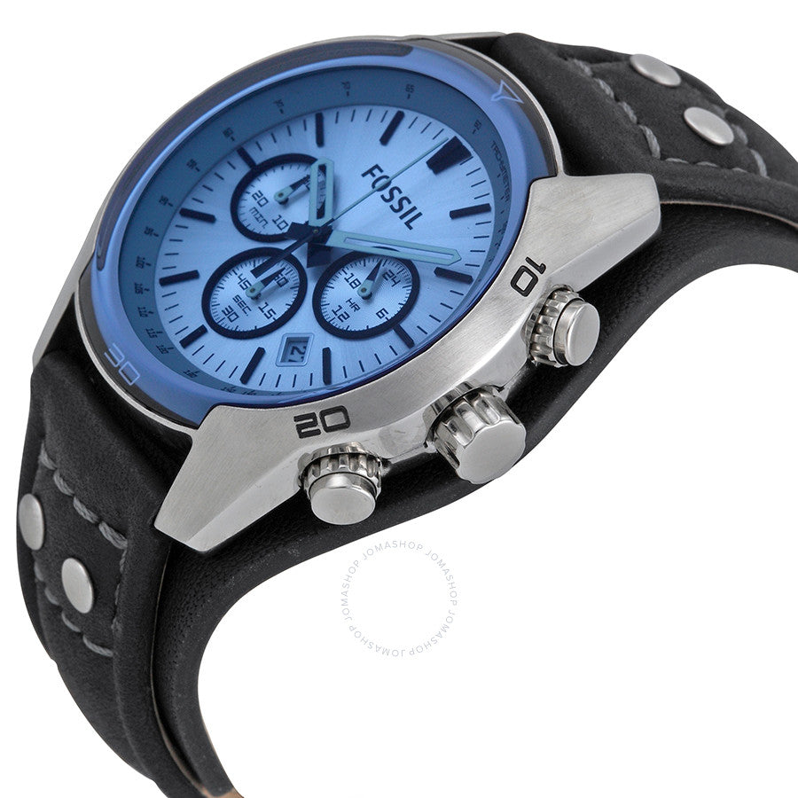 Fossil CH2564 side profile showing blue dial and push buttons