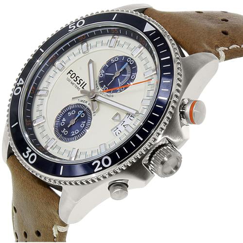 Fossil CH2951 Wakefield Sport watch angled view showing cream dial and blue bezel detail