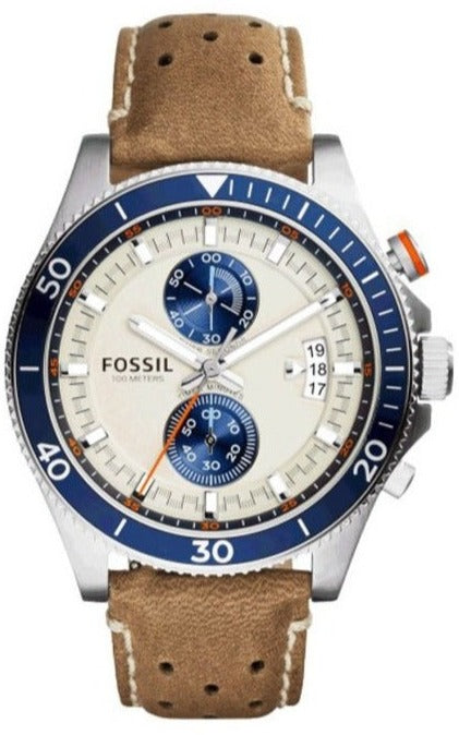 Fossil CH2951 Wakefield Sport chronograph watch with cream dial, blue subdials, and tan leather strap