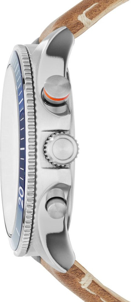 Fossil CH2951 Wakefield Sport watch side profile with chronograph pushers and tan leather strap