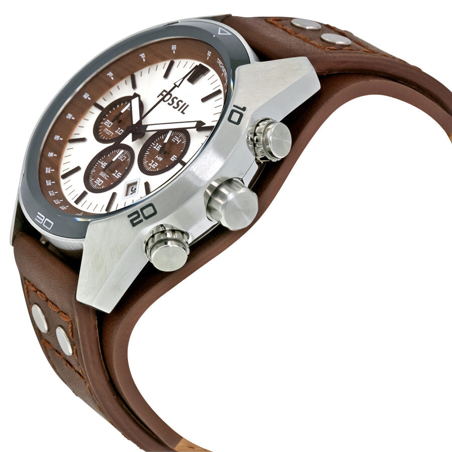 Fossil Coachman chronograph watch displayed at angle showing case and strap detail