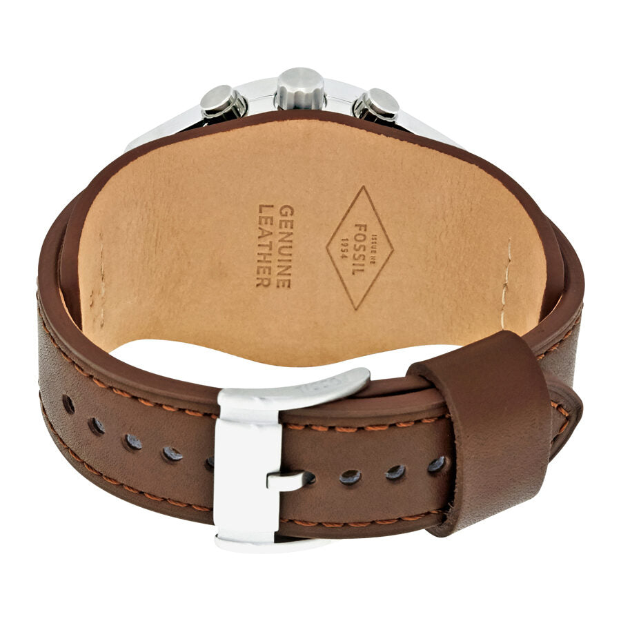 Fossil Coachman watch caseback showing genuine leather cuff strap and buckle