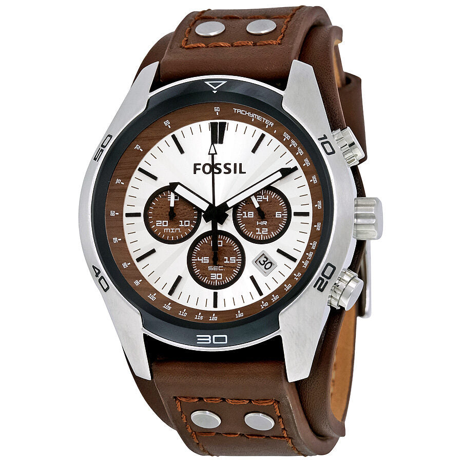 Fossil Coachman chronograph watch with stainless steel case and brown leather strap