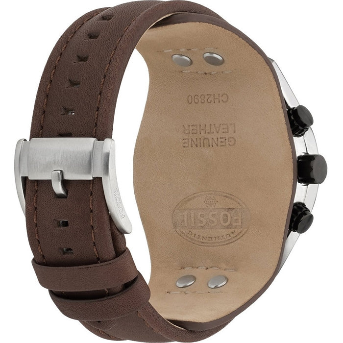 Fossil Coachman CH2890 caseback with brown leather strap showing Fossil branding and markings