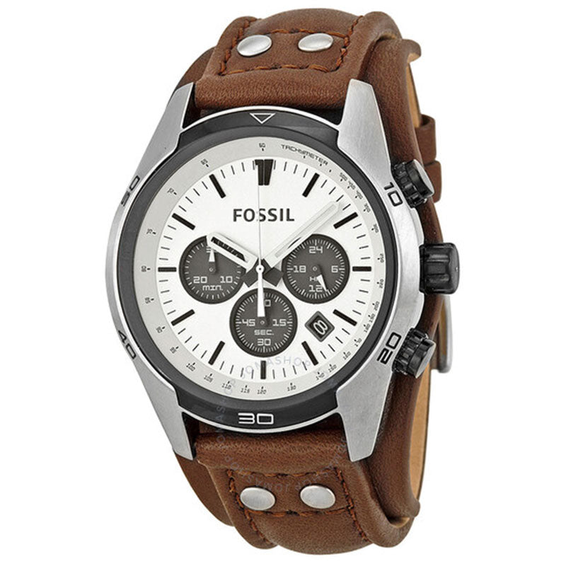 Fossil Coachman CH2890 chronograph watch with white dial, three black subdials, brown leather strap