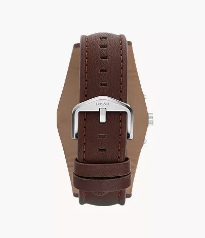 Fossil Coachman watch caseback showing genuine leather strap and buckle