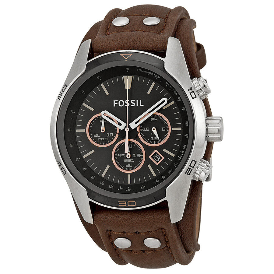 Fossil Coachman men's chronograph watch front view with rose-tone subdials