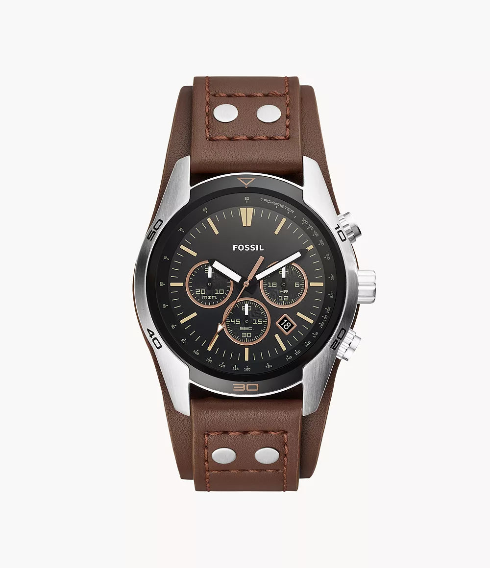Fossil Coachman chronograph watch with black dial and brown leather strap