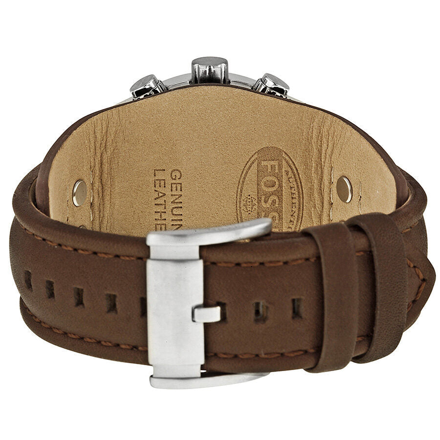 Fossil Coachman brown leather strap with white stitching and Fossil branding