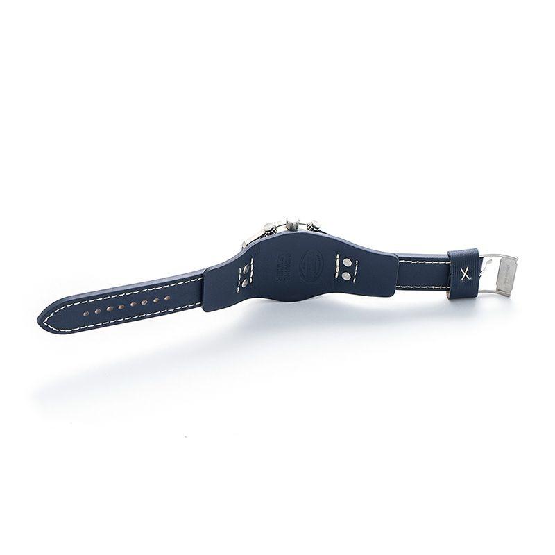 Navy leather strap with contrast white stitching and stainless steel buckle
