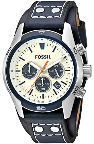 Fossil Coachman chronograph watch with off-white dial, three subdials, and navy leather strap
