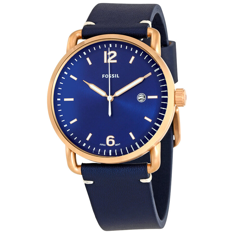 Fossil Commuter blue dial watch with rose gold case and navy leather strap