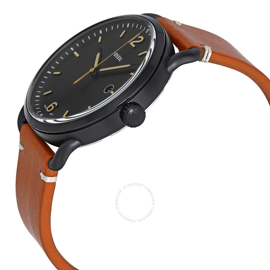 Side angle view of Fossil Commuter showing black case and brown leather strap detail
