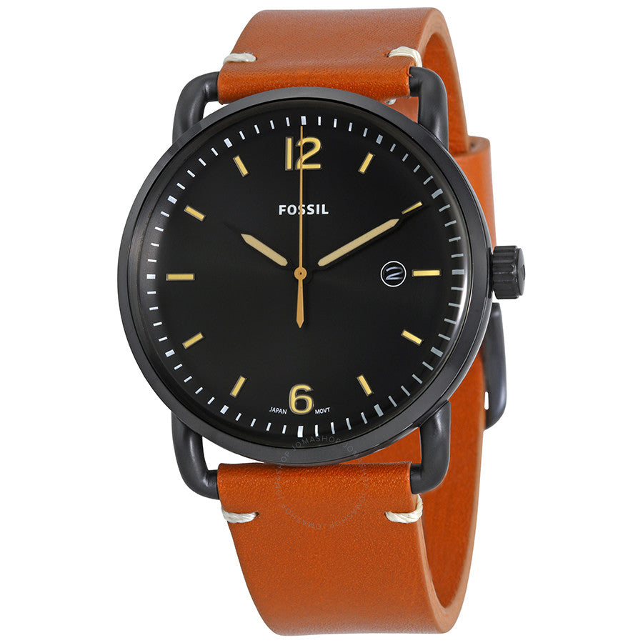 Fossil Commuter men's watch with black dial, gold-tone hands and indices, brown leather strap