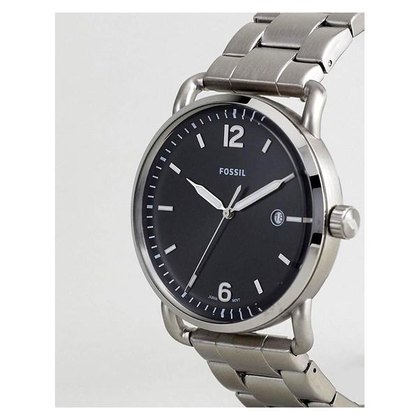 Three-quarter view of Fossil Commuter FS5391 watch showing stainless steel case and band