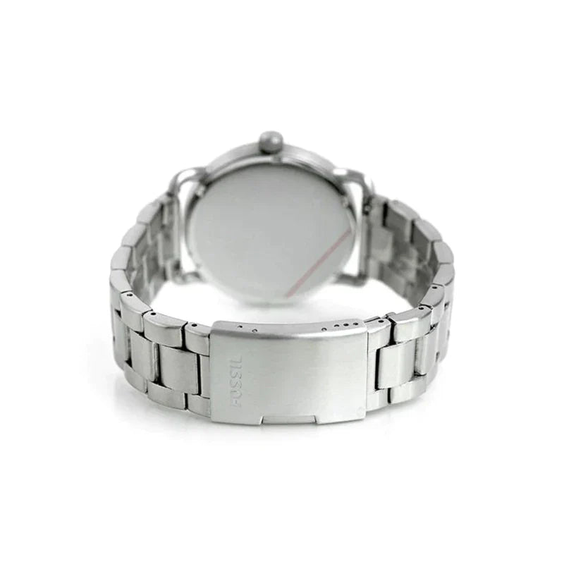 Caseback view of Fossil Commuter FS5391 showing stainless steel case with Fossil branding