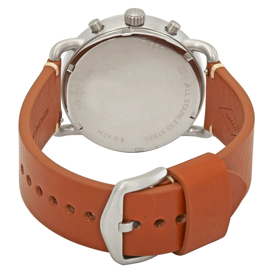 Back view of Fossil Commuter watch showing silver caseback and brown leather strap