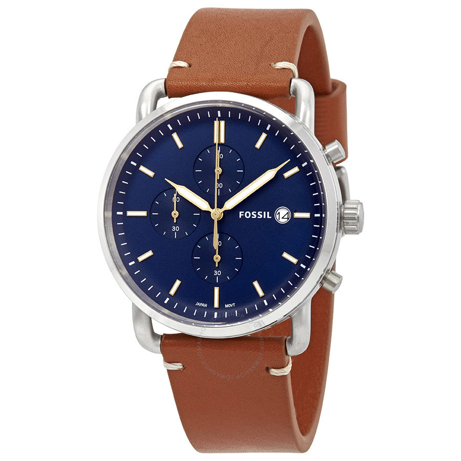 Fossil Commuter blue dial chronograph watch with silver case and brown leather strap
