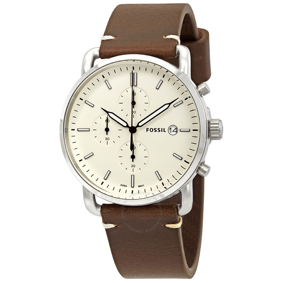 Fossil Commuter chronograph watch with cream dial, silver case, and brown leather strap