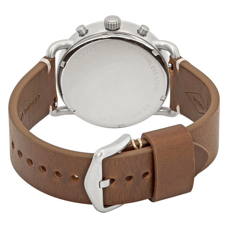 Fossil Commuter watch caseback showing stainless steel case with brown leather strap
