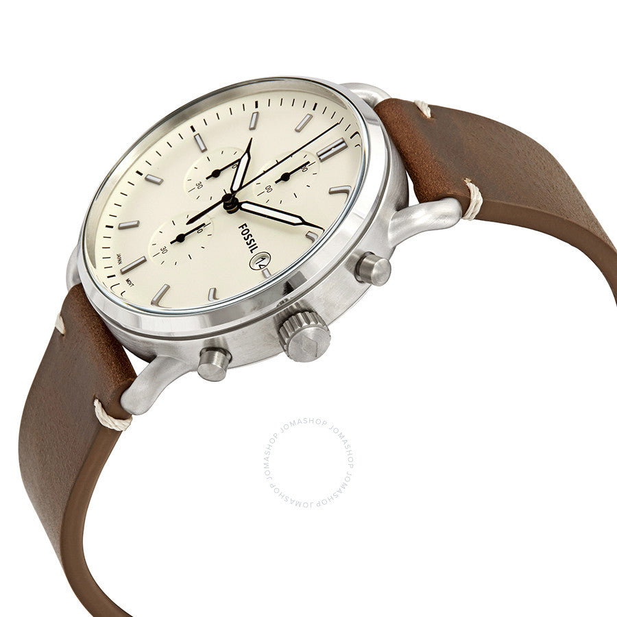 Fossil Commuter watch angled view showing cream dial and brown leather strap