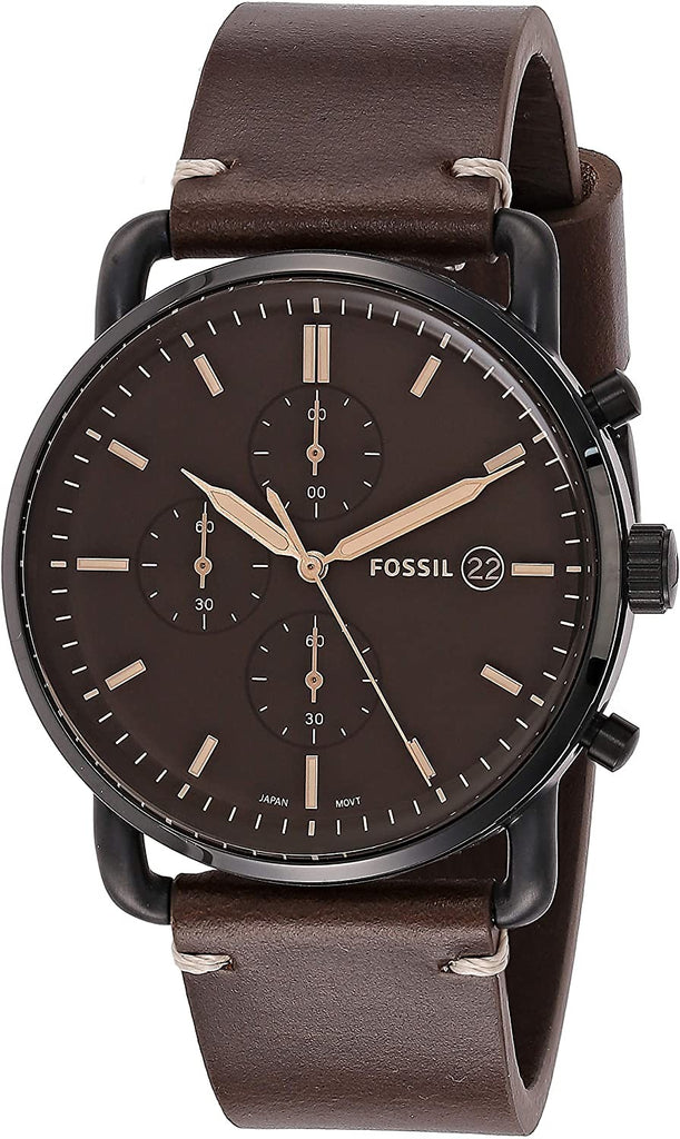 Side angle view of Fossil Commuter FS5403 showing black case and brown leather strap