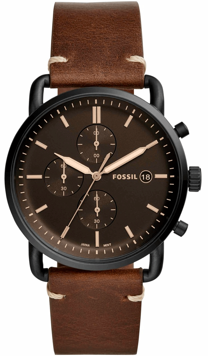 Fossil Commuter FS5403 chronograph watch with black dial and brown leather strap