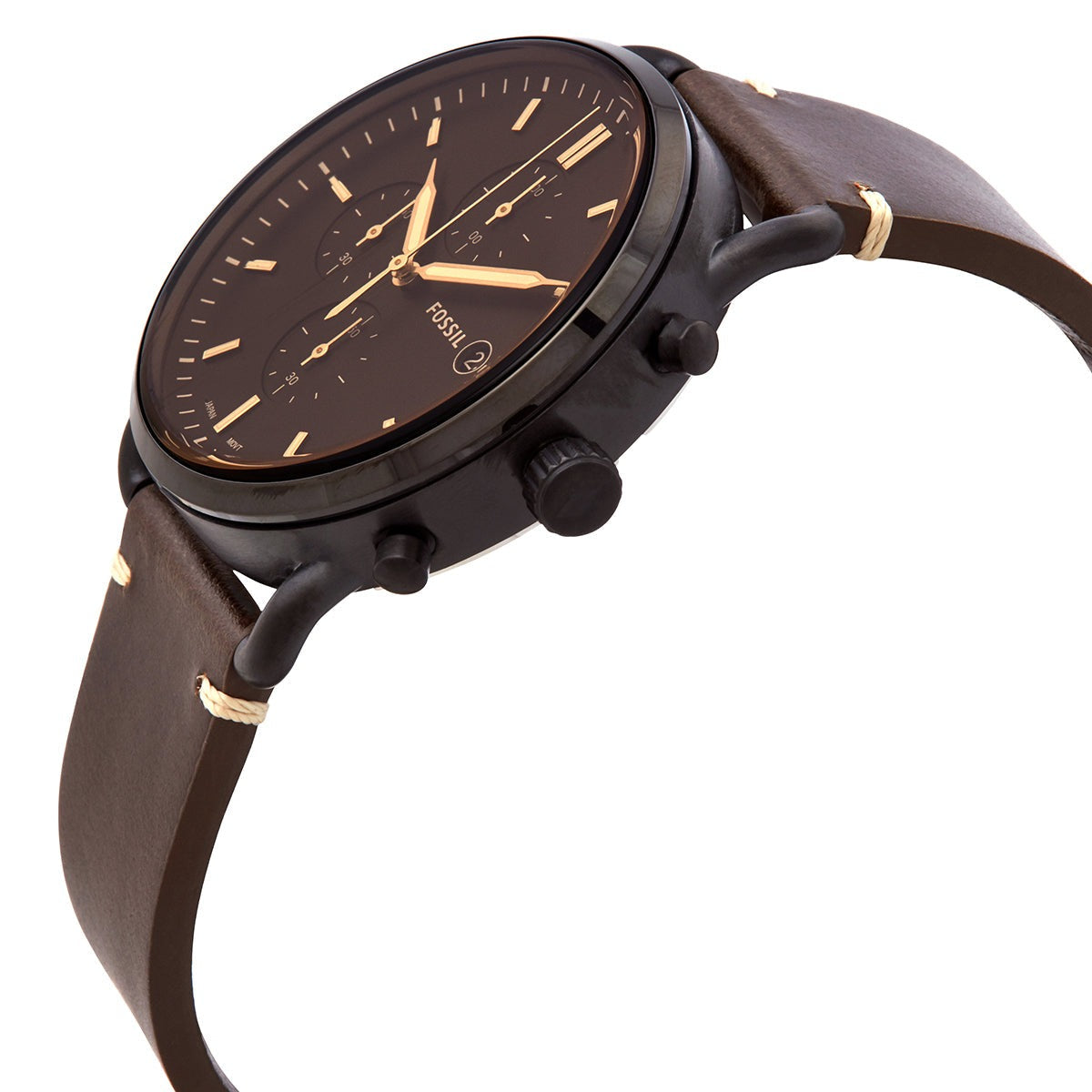 Side profile of Fossil Commuter FS5403 watch with brown leather band