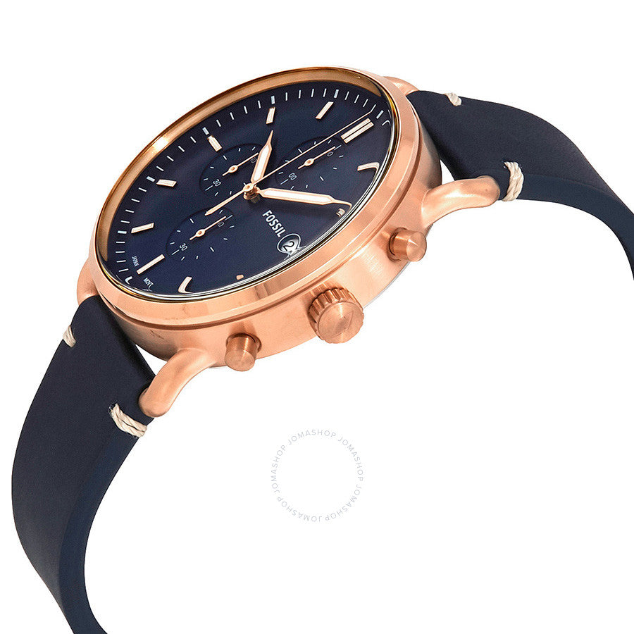 Fossil Commuter FS5404 watch angled view showing rose gold case and chronograph subdials