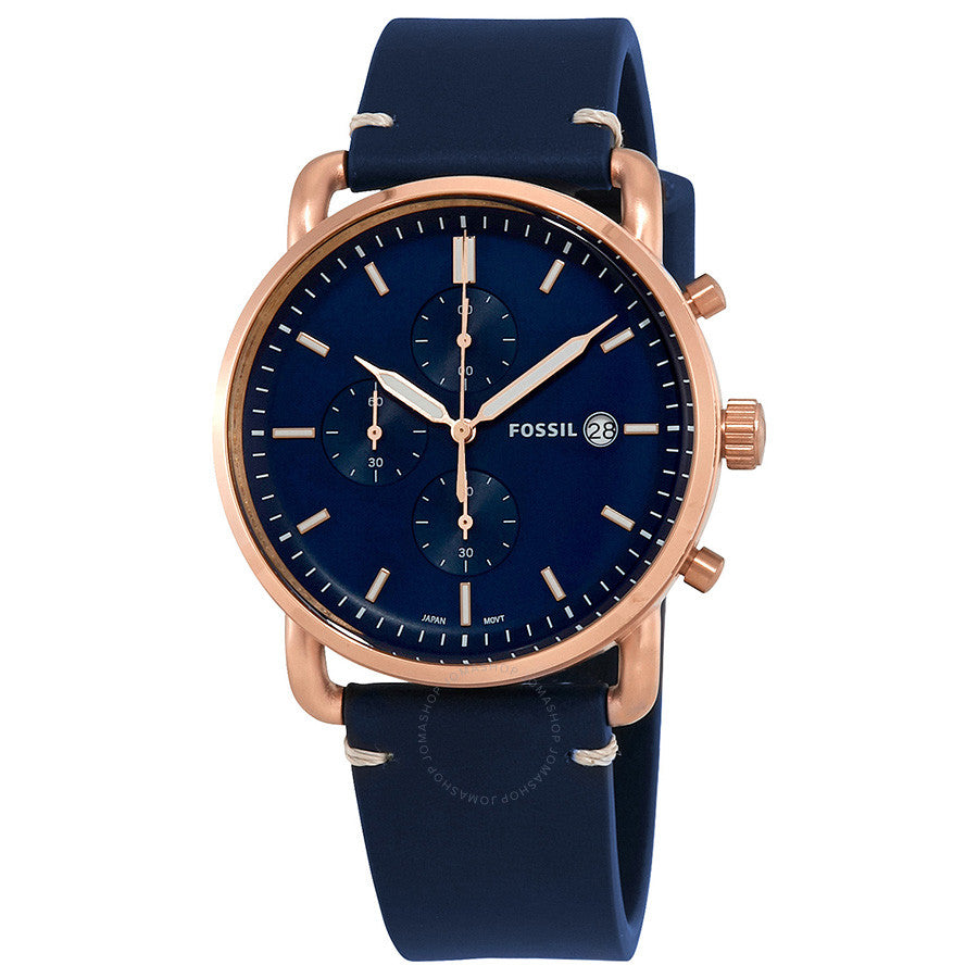 Fossil Commuter FS5404 chronograph watch with blue dial and rose gold case