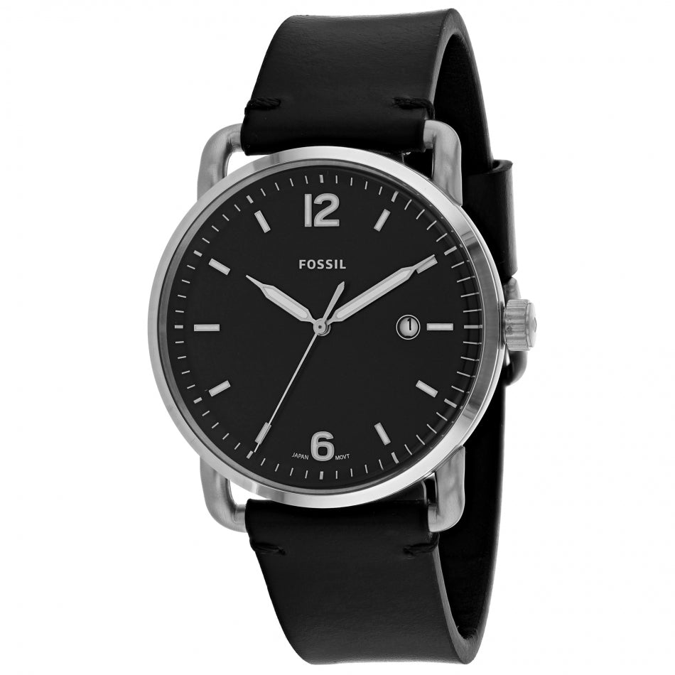 Fossil Commuter three-hand watch with date window and black leather strap angled view
